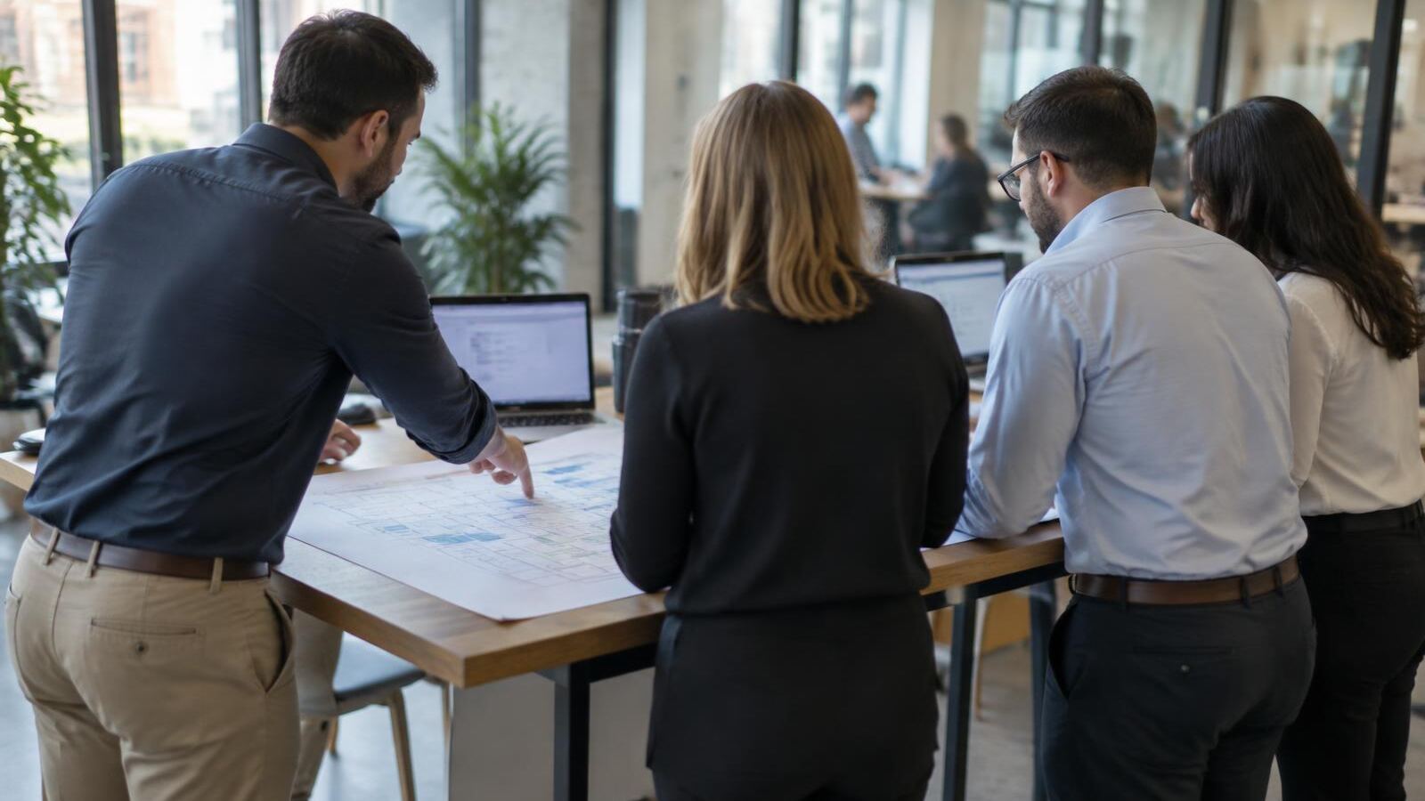 Operations and IT leaders review a printed system diagram at a standing table with open laptops in a bright office