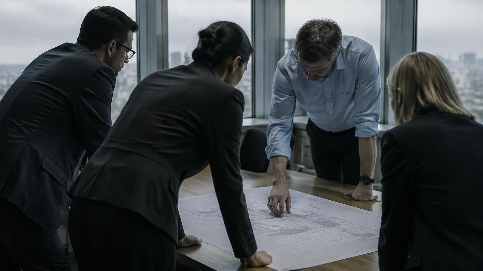 A leadership team leans over a printed project plan during a tense meeting, overcast light from tall windows