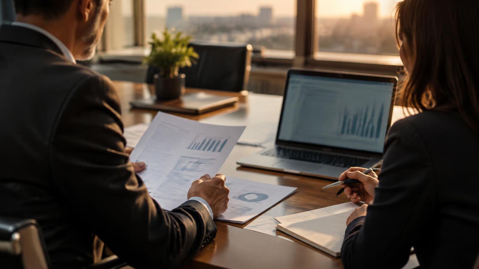 A finance leader and an operations lead review printed reports and a laptop at a conference table in late afternoon light
