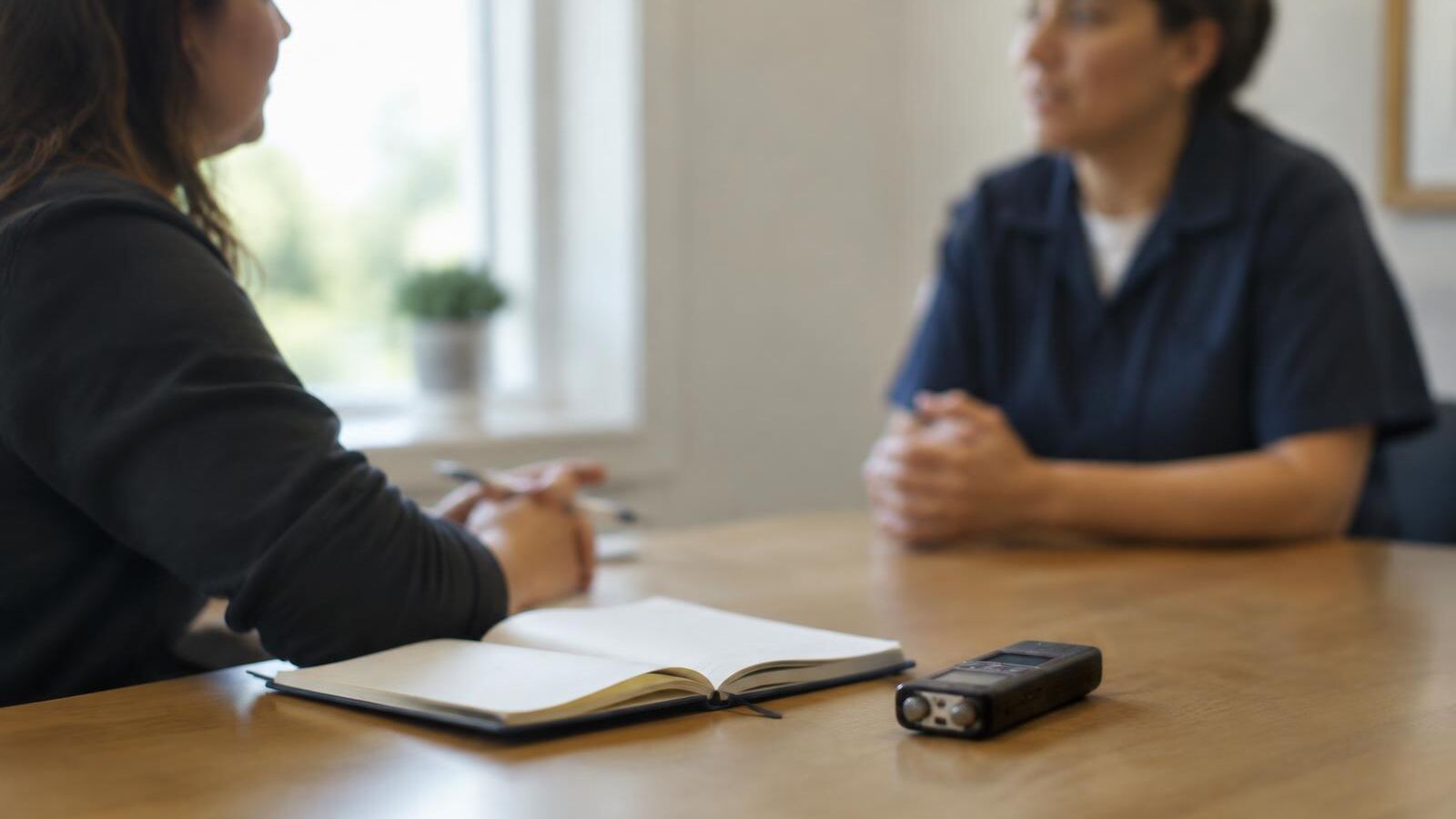 A facilitator interviews a frontline staff member in a small meeting room, a notebook and audio recorder on the table