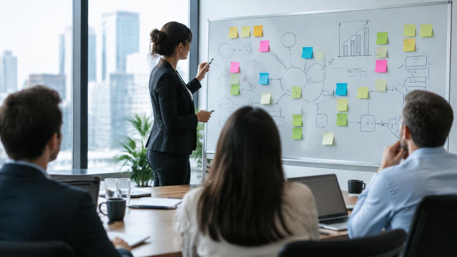 A consultant leads a whiteboard workshop with a leadership team, sticky notes and process diagrams on the board, natural window light in a modern boardroom